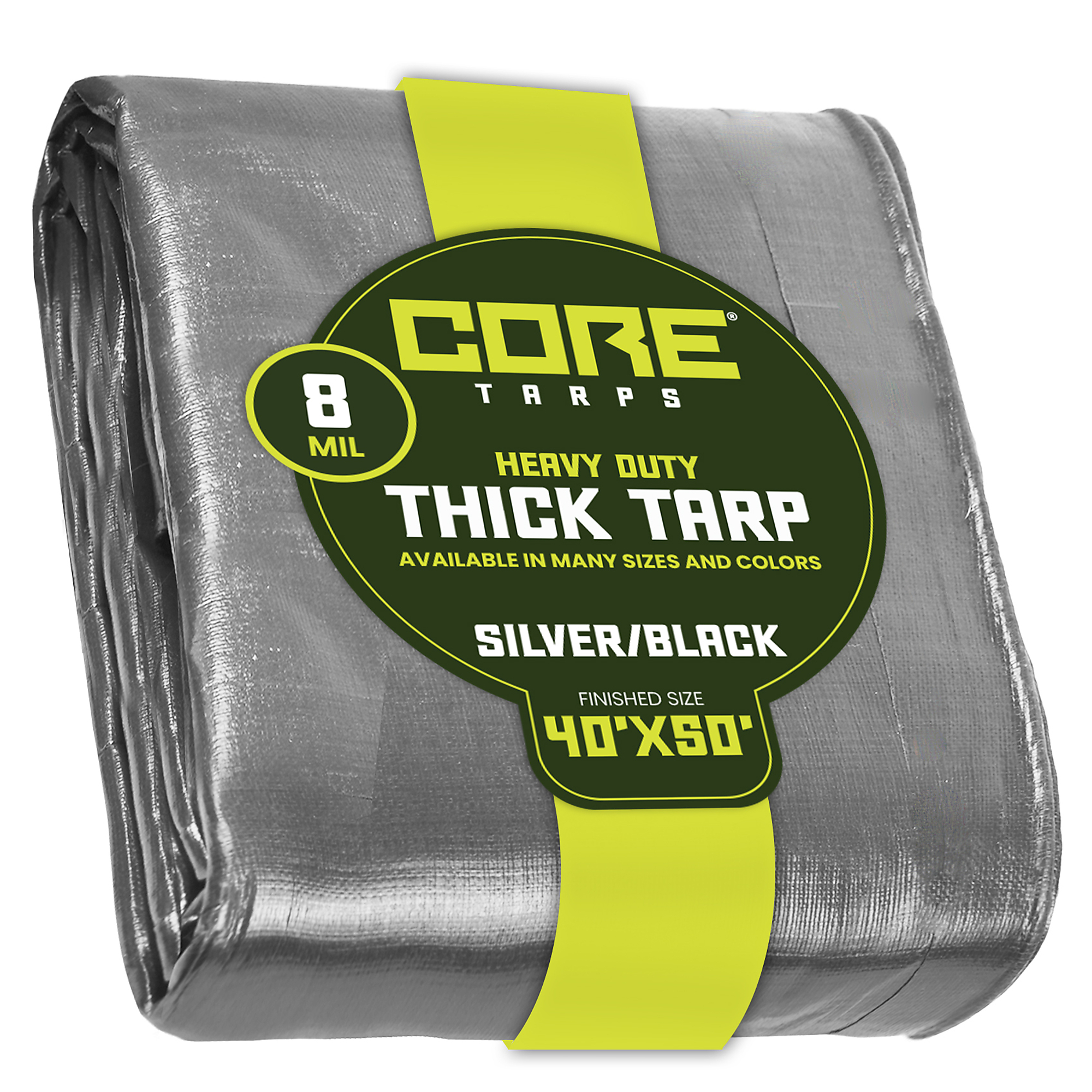Core Tarps Heavy Duty 8 Mil Tarp Cover — 40ft. x 50ft., Waterproof, UV Resistant, Rip and Tear Proof, Reinforced Edges, Silver/Black, Model# CT-401-40X50